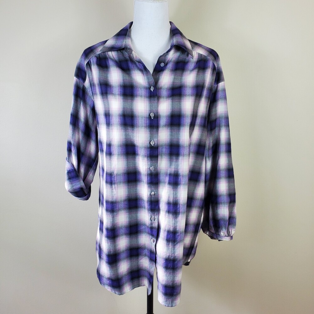 Vince Womens Shirt S Purple Gray Plaid Relaxed Over Size Fit Button Up Tunic Top